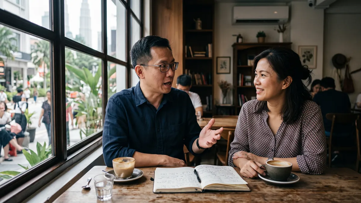 Two people talking over coffee in a Kuala Lumpur café, one listening closely