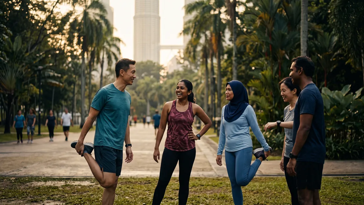 A community running club chatting at dawn in a Kuala Lumpur park