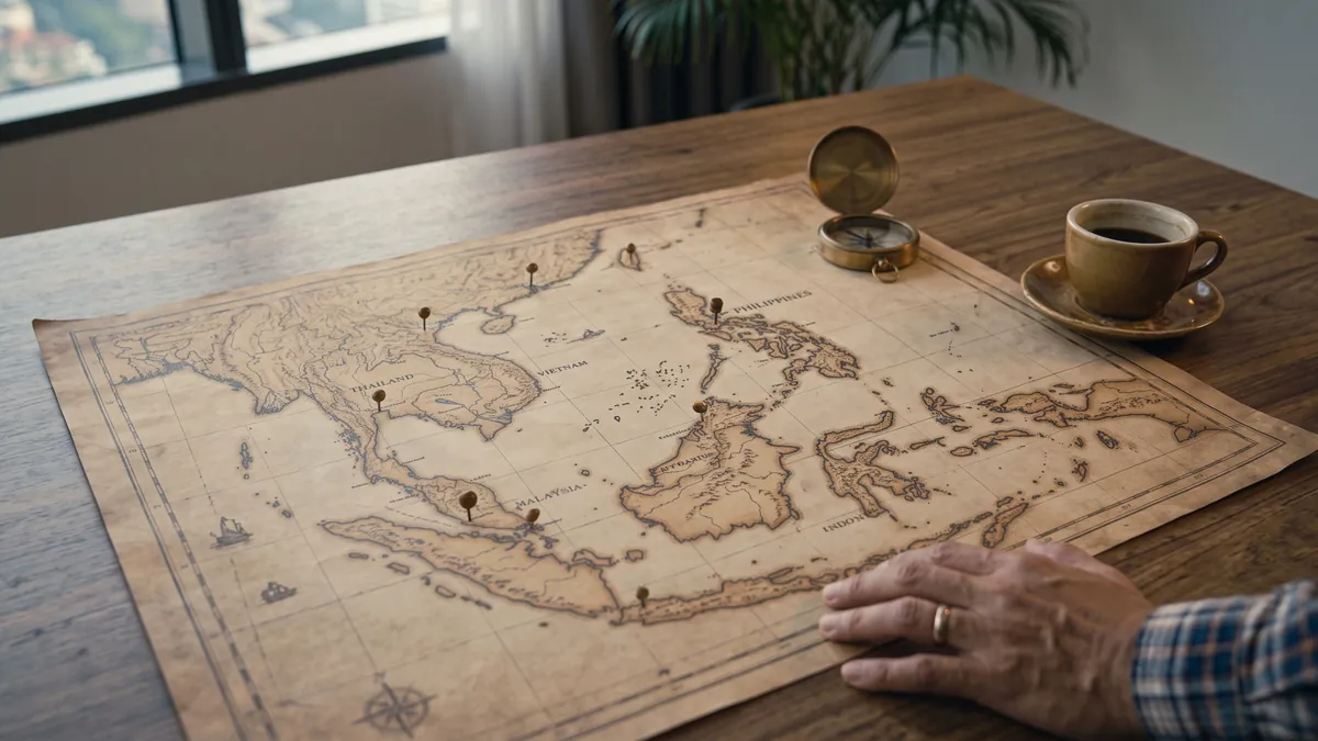 An old paper map of Southeast Asia with pins, a compass and a cup of coffee