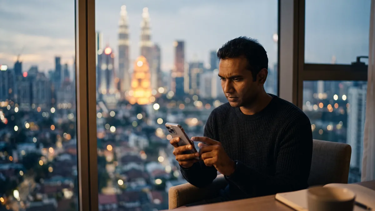 A man by a window at dusk, hesitating with his phone in hand