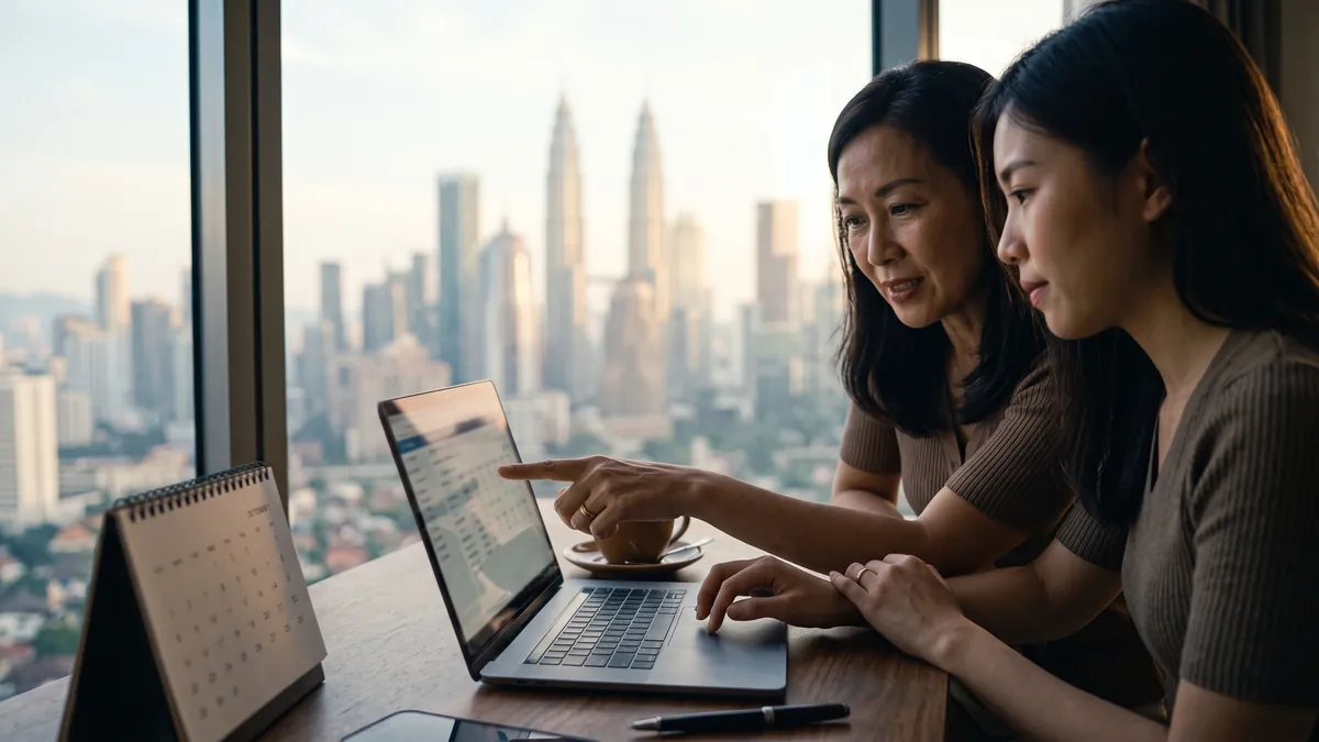 An experienced woman showing a newcomer how to do something on a laptop