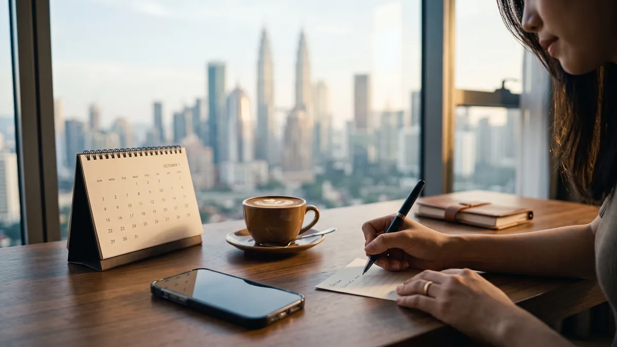 A desk calendar, a phone and a hand writing a note card