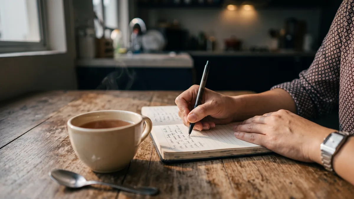 A hand writing a daily entry in a notebook beside a cup of tea