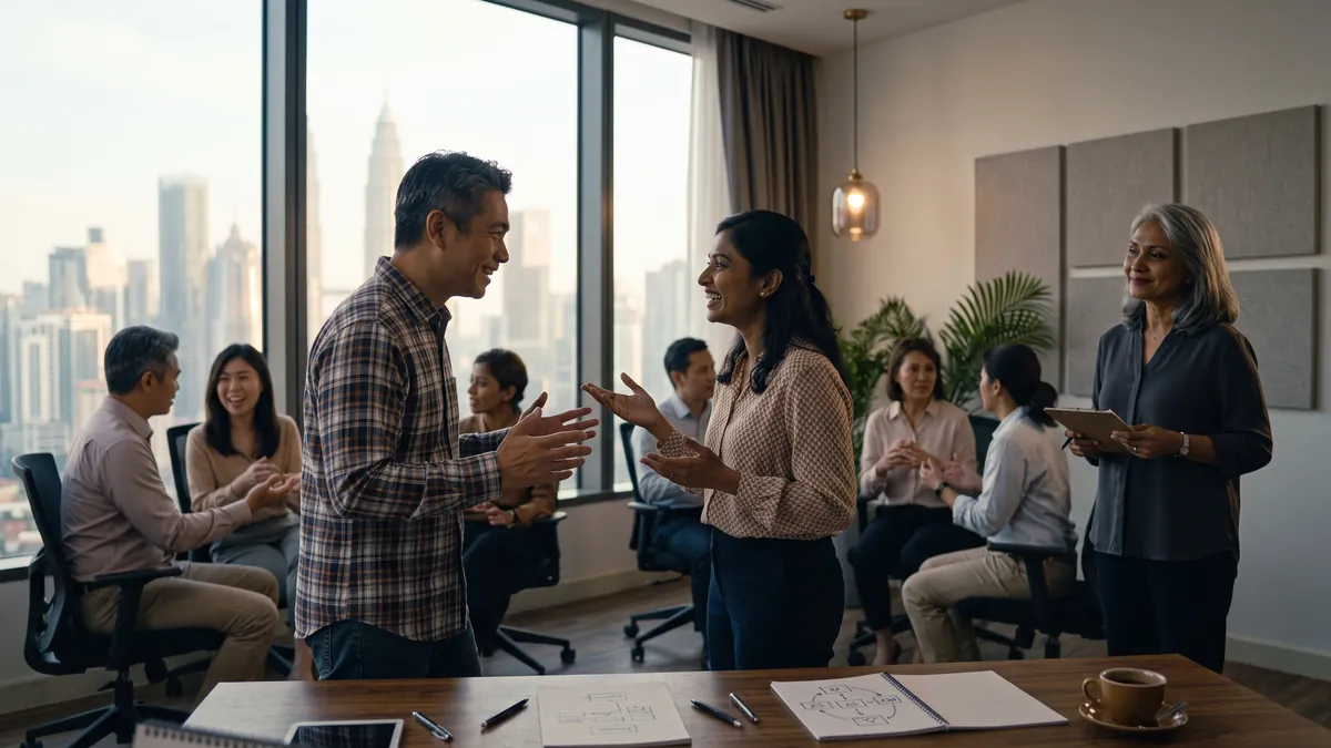Adults practising in pairs in a small training room