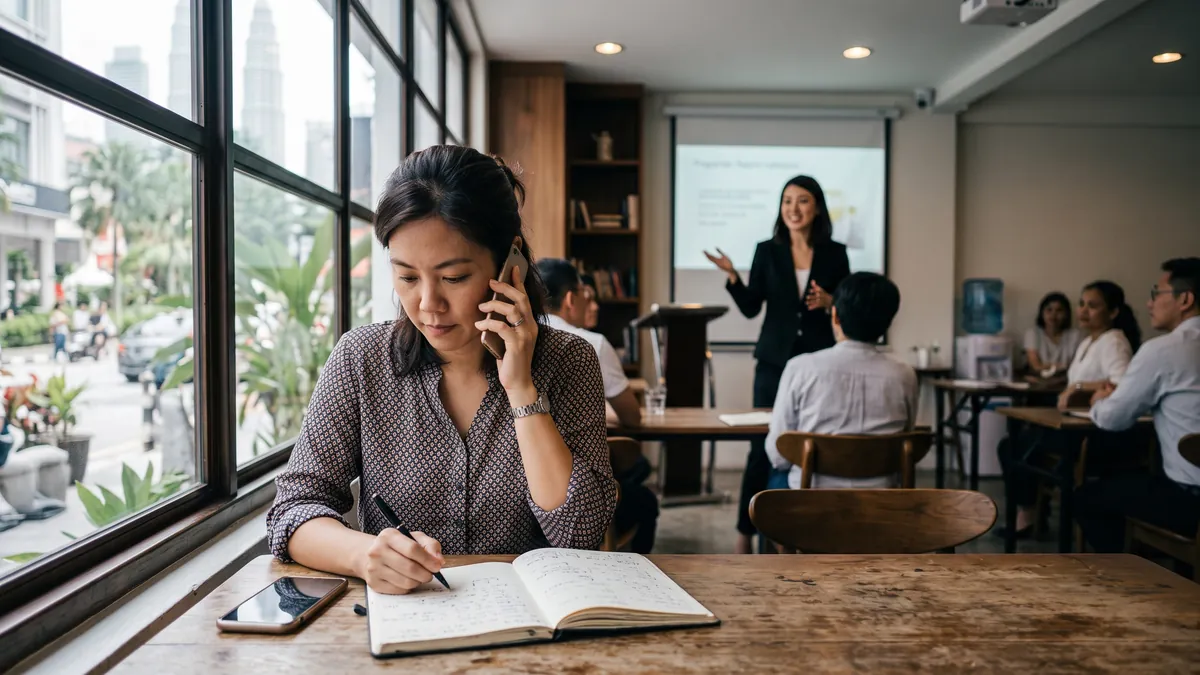 A leader training a room while a team member follows up on the phone