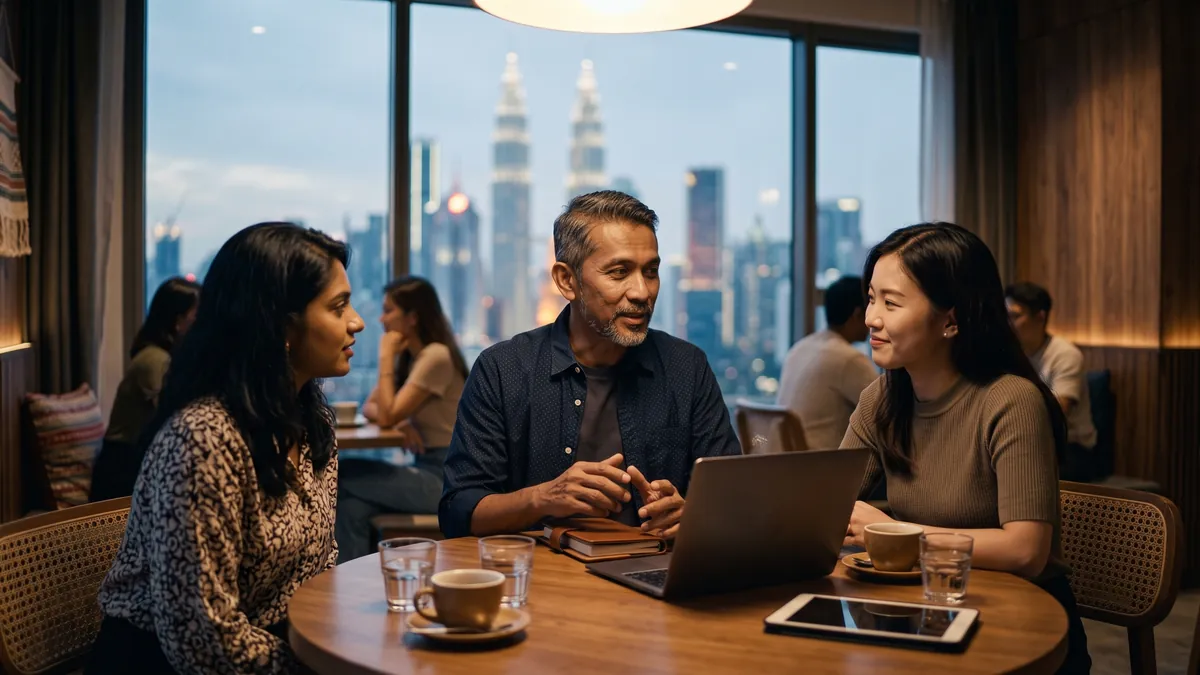 An experienced mentor explaining something to two listeners at a café table