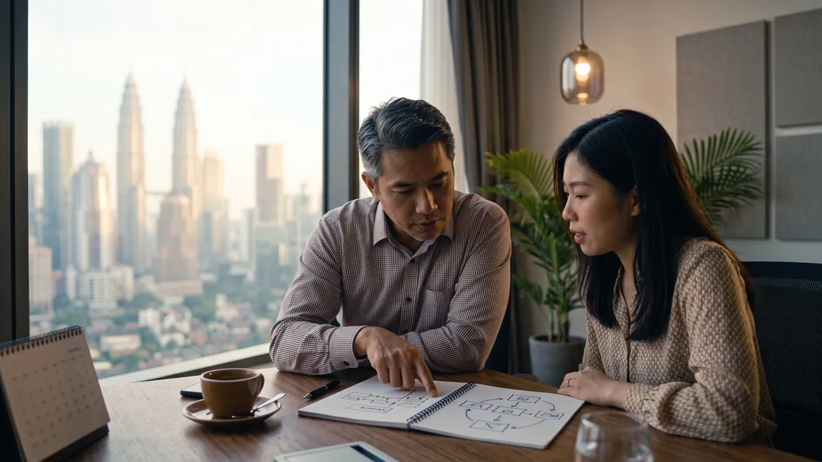 A leader in a one-to-one meeting with a team member over a notebook
